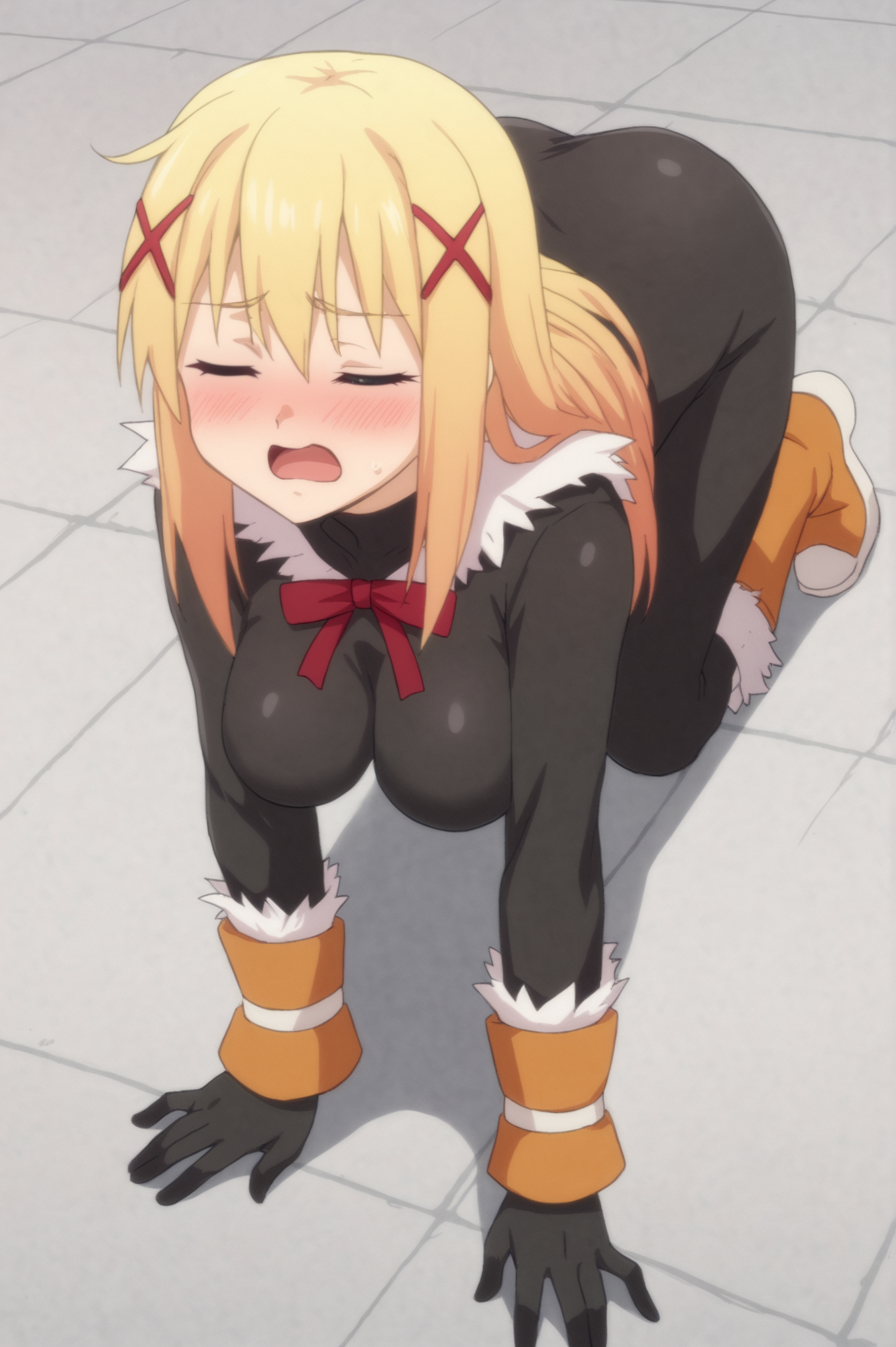 <lora:Darkness:0.7> Darkness, 1girl, breasts, blush, open_mouth, gloves, ribbon, closed_eyes, boots, solo_focus, red_ribbon, x_hair_ornament, all_fours, meme, =_=, on_floor <lora:sdxl_lightning_4step_lora:1>