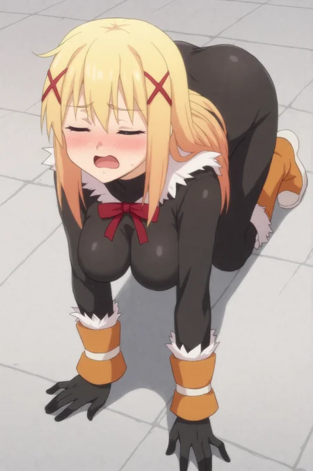 <lora:Darkness:0.7> Darkness, 1girl, breasts, blush, open_mouth, gloves, ribbon, closed_eyes, boots, solo_focus, red_ribbon, x_hair_ornament, all_fours, meme, =_=, on_floor <lora:sdxl_lightning_4step_lora:1>