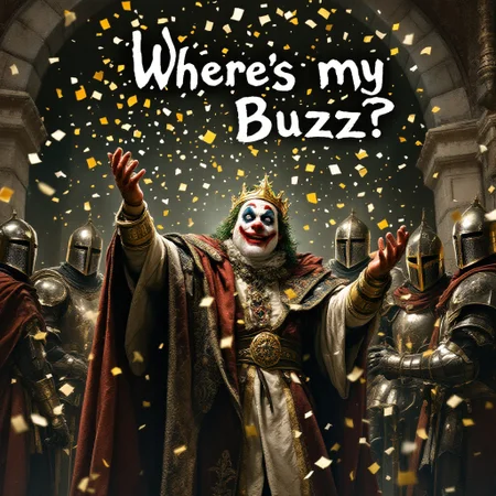 a medieval joker throwing confetti into the air where it forms the phrase "Where's my Buzz?". He is in a castle in front of the fat king with knights in armor around him.