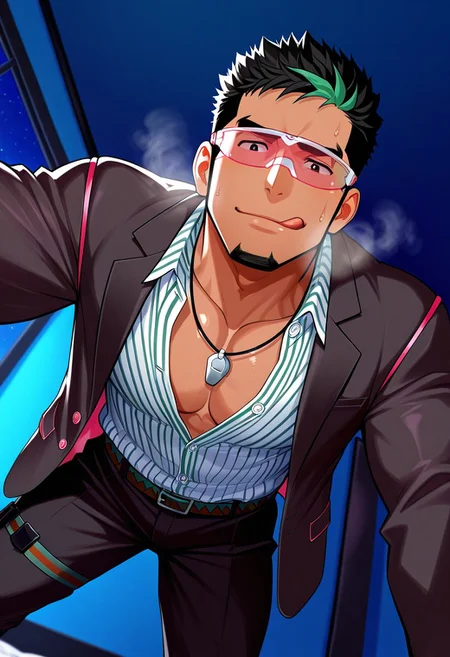 score_9, score_8_up, score_7_up, score_6_up, perfect anatomy, perfect proportions, best quality, masterpiece, high_resolution, high quality, best aesthetic, incredibly absurdres, highres, extremely detailed, huge filesize, solo male, adult, mature, masculine, manly, handsome, charming, alluring, standing, upper body, dutch angle, cowboy shot, perfect face, source_game, official style, Kyoichi Ootomo, LAHKyoichi, black eyes, black hair, streaked hair, green highlights, streaked hair, sideburns, facial hair, goatee, tan skin, bandaid on nose, LAHKyoichi_outfit04, pink eye visor, Active Agent Kyoichi, formal wear, vertical stripe collared shirt, white/green striped shirt, partially unbuttoned shirt, whistle around neck, black blazer, open blazer, white gloves, canvas belt, black pants, black shoes, thigh strap, blurred background, upper body, dutch angle, realistic shading, night, dark natural lighting, expressive face, looking down at viewer, bend over, indoors bedroom, ceiling, from below, dutch angle, dynamic angle, foreshortening, pov, intricately detailed illustration, atmospheric perspective, depth of field, amazing quality, very aesthetic, absurdres, newest, heavy breathing, sweatdrop, steamy,  smirk, lewd, horny, kinky, tongue out