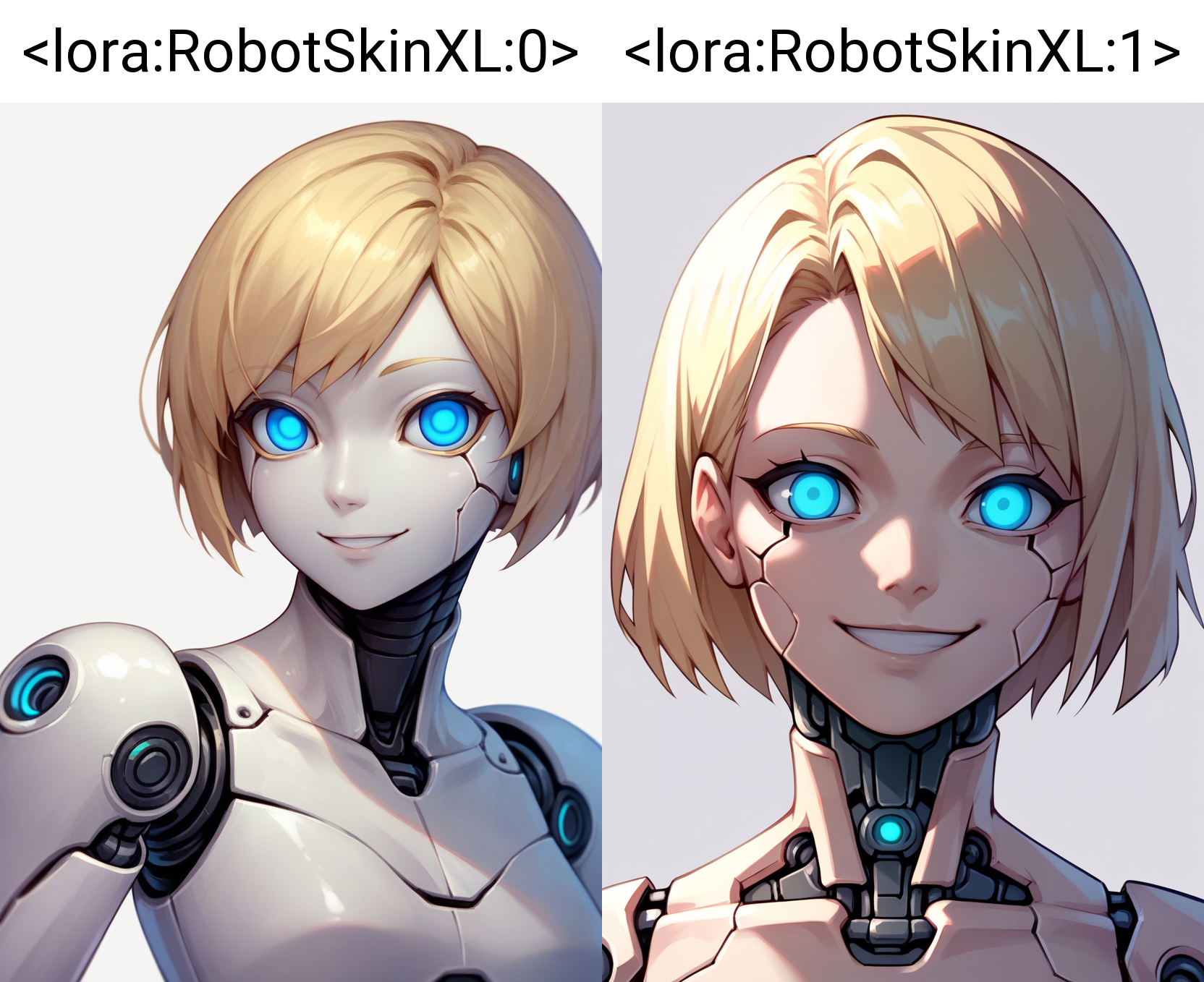 score_9, score_8_up, score_7_up, score_6_up, score_5_up, score_4_up, BREAK,
1girl, blonde hair, short hair, cyborg, robotskin, blue eyes, (glowing eyes:0.5), robot joints,
upper body, smile, looking at viewer, solo, simple background, white background   <lora:RobotSkinXL:0>