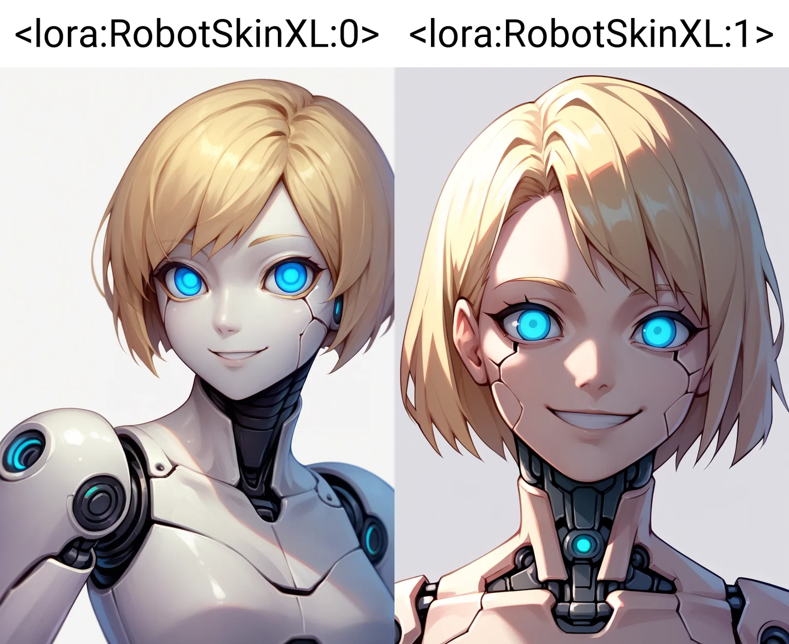 score_9, score_8_up, score_7_up, score_6_up, score_5_up, score_4_up, BREAK,
1girl, blonde hair, short hair, cyborg, robotskin, blue eyes, (glowing eyes:0.5), robot joints,
upper body, smile, looking at viewer, solo, simple background, white background <lora:RobotSkinXL:0>