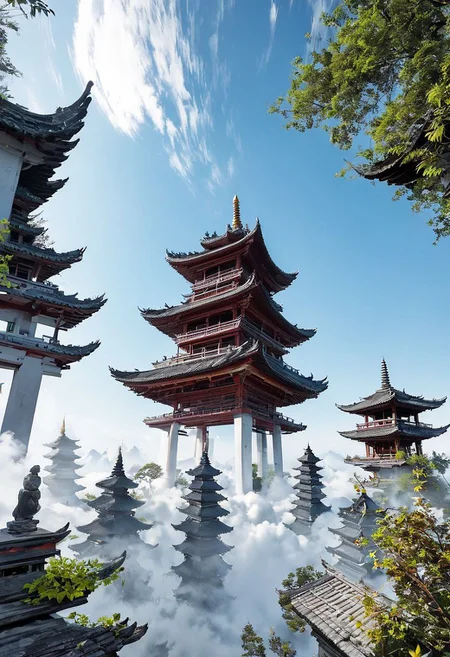 sky, pagoda, temple, torn pants, human, forehead marks, blur, plants, floating