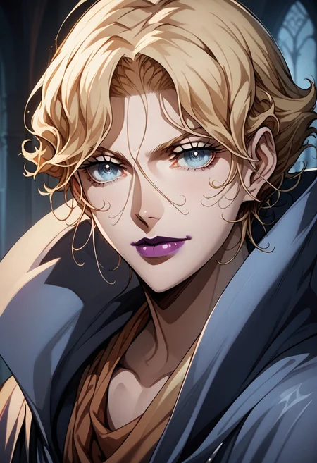 source_anime, (C4STL3V4NI4), ((score_9)),score_8_up,score_7_up,score_6_up,score_5_up,score_4_up,<lora:Castlevania_Style_Pony-v1:0.7>, Castlevania_Style, Castlevania Style, 1woman, brita_(darker_than_black), long_hair, blonde_hair, blue eyes, purple_lips, vampire,