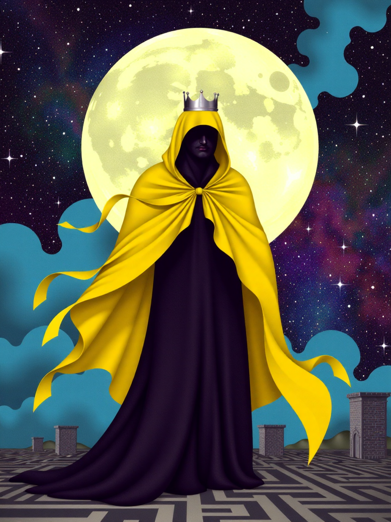 ODOM_art <lora:flux-lora-000006:1> faceless entity wears yellow hooded tattered cloak with  floating yellow ribbons, and crown. full moon and epic nebulas skies, non euclidean labyrinth ruins landscape, wide shot, lovecraftian, cosmic horror