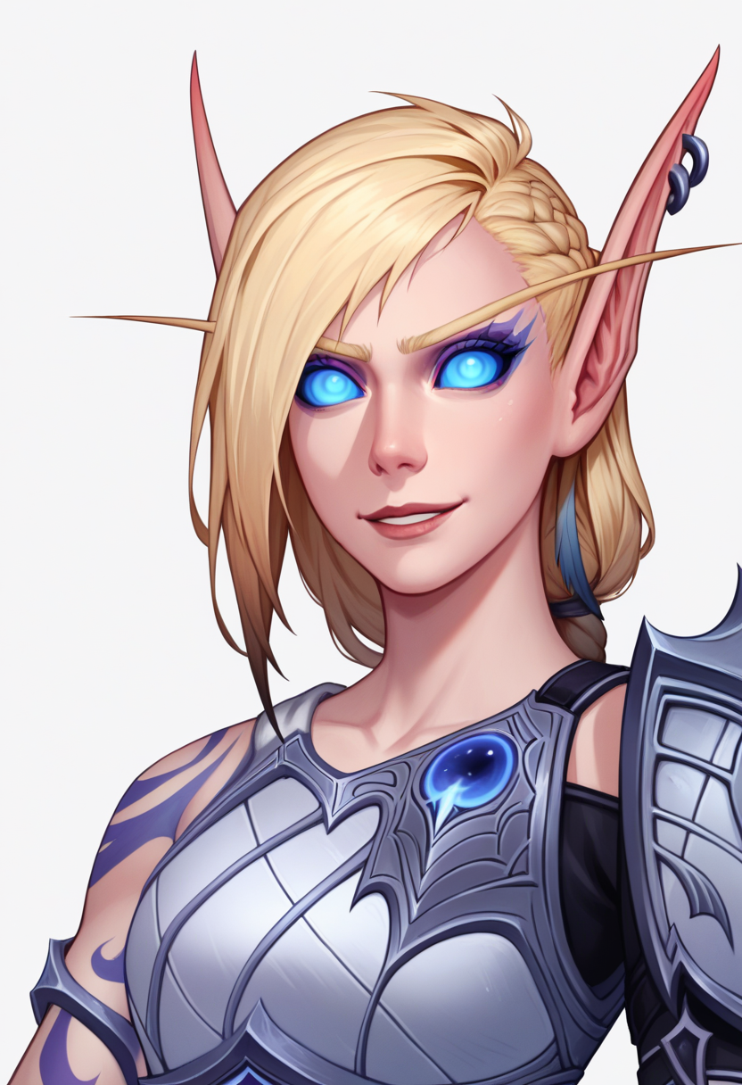 score_9, score_8_up, score_7_up, BREAK,
1girl, alleria, blonde hair, braid, long hair, blue eyes, blue sclera, earrings, elf, no pupils, pointy ears,
arm tattoo, armor, single pauldron,
upper body, evil smile, looking at viewer, solo, simple background, white background   <lora:AlleriaXL_byKonan-000012:1>