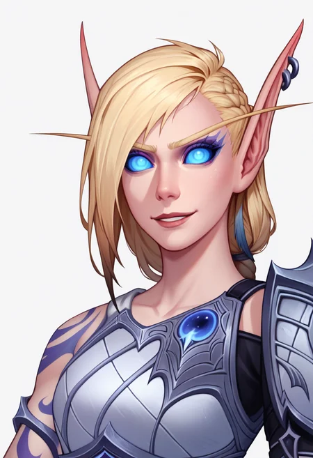 score_9, score_8_up, score_7_up, BREAK,
1girl, alleria, blonde hair, braid, long hair, blue eyes, blue sclera, earrings, elf, no pupils, pointy ears,
arm tattoo, armor, single pauldron,
upper body, evil smile, looking at viewer, solo, simple background, white background <lora:AlleriaXL_byKonan-000012:1>