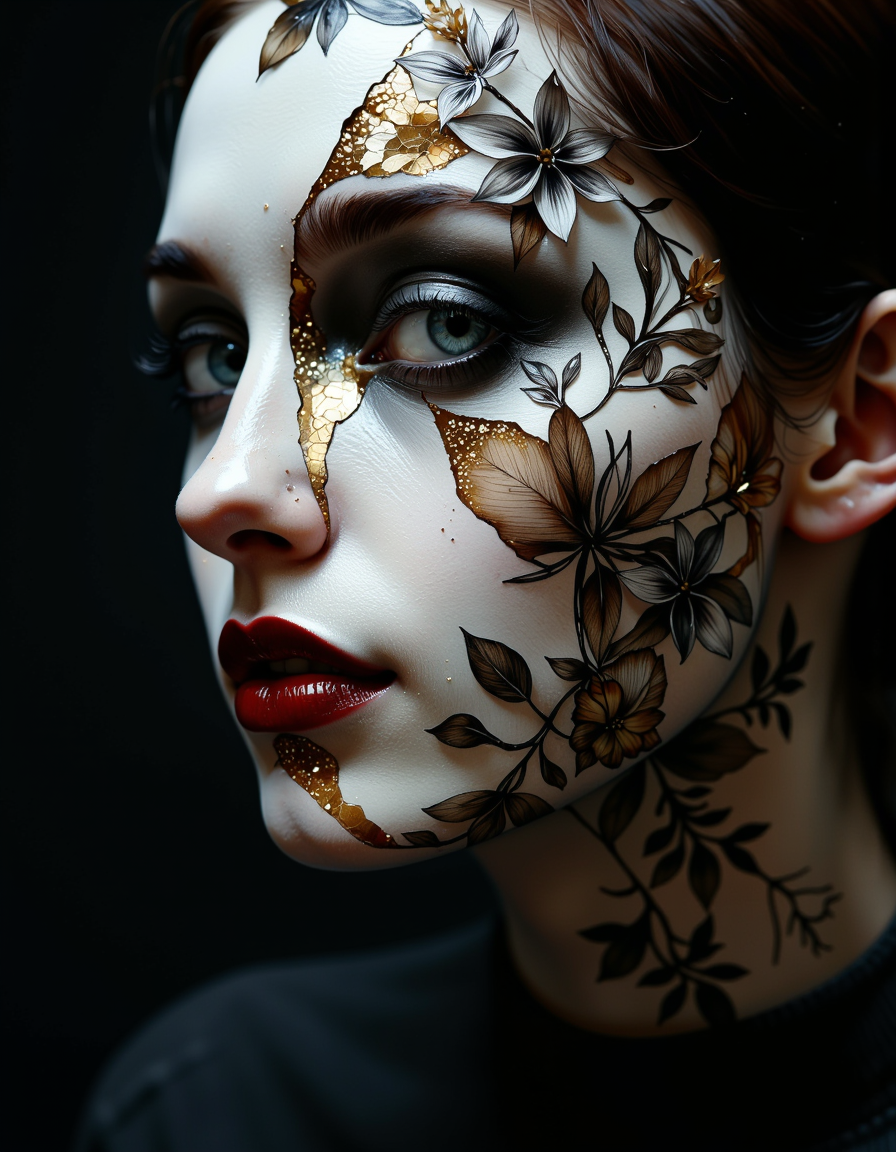 A highly detailed cinematic photography.
An intense, close-up portrait of a woman's face, rendered as if her skin is made of fractured porcelain, meticulously adorned with symmetrical, surreal floral tattoos that blend organic and geometric forms, creating a dreamlike and hyperrealistic aesthetic. Her striking blue eyes, framed by meticulously drawn eyebrows, pierce through the fractured surface and the intricate, floral tattoo design, holding a captivating mix of vulnerability and resilience, reflecting the strange beauty of the surreal world. Her full, slightly parted lips, painted a deep, glossy red, add a touch of warmth and humanity to the fragmented, floral visage.

The surreal floral tattoos themselves are the focal point, composed of stylized flowers, fragmented petals, and geometric patterns that morph and intertwine, creating a mesmerizing and otherworldly visual tapestry across her face. They are rendered in a stark palette of black and gold, with the gold accents highlighting the intricate details and surreal nature of the floral designs. Delicate, hyperrealistic flowers, such as orchids and lilies, emerge from the cracks in her porcelain skin, adding a touch of fragile beauty and organic contrast to the geometric patterns. The overall effect is both hauntingly beautiful and deeply unsettling, a testament to the artist's ability to evoke complex emotions through the juxtaposition of fragility, intricate floral designs, surrealism, hyperrealism, black and gold accents, and the human form. The subtle lighting casts soft shadows and highlights that enhance the texture and depth of the fractured porcelain and the surreal floral tattoos, while the dark background allows the viewer's focus to remain solely on the woman's captivating, surreally adorned face.
