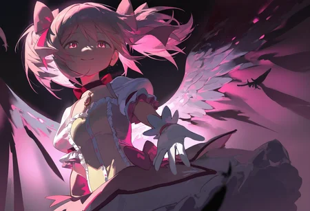 r4styl444, masterpiece, best quality, newest, absurdres, highres, girl, kaname madoka \(magical girl\), kaname madoka, angel wings, smile, half-closed eyes, close-up, perspective, pink eyes, cowboy shot, dark theme, dim lighting, black background, close-up, pink theme, pink lighting, from below, reaching towards viewer, bloom, frills, light rays, feathers, blurry, spread fingers, (pink underlighting:1.2), white feathers, light particles, looking back <lora:artist_rafaelaaa_vpred:1>
