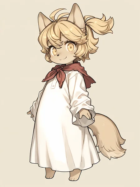 masterpiece, best quality, (absurdres), (highest quality), amazing quality, very aesthetic, no humans,
BREAK, <lora:Mei_Marzipan_Illustrious_V1:1>, mei marzipan, fuga: melodies of steel, kemono, furry female, 1girl, child, beige fur, blonde hair, yellow eyes, dog girl, animal ears, dog tail, dog ears,
BREAK, white dress, red scarf barefoot,
BREAK, looking at viewer, smile