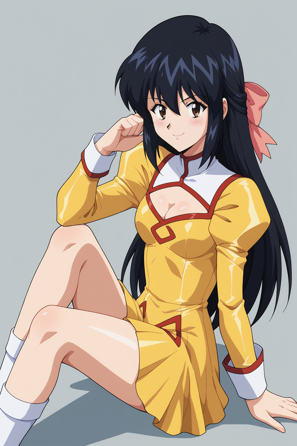score_9, score_8_up, score_7_up, source anime, prefect lighting, very aesthetic, BREAK,retro artstyle, 
<lora:rie_petoriyacowa_v1-pdv6:1>, 1girl, rie petoriyacowa, agent aika, black hair, brown eyes, long hair, hair ribbon, pink ribbon,
rieout, long sleeves, yellow dress, cleavage cutout, juliet sleeves, miniskirt, white socks, 
BREAK, looking at viewer, light smile,
BREAK,