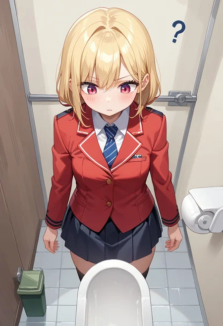 score_8, score_8_up, score_7_up, source_cartoon BREAK 1girl, female focus, solo, suit, skirt, red jacket, adult, jp1wc, toilet, standing, looking down, confused, ?, ???, rating_safe, from above