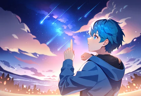 1boy, male focus, sky, star (sky), night, pointing up, night sky, hood down, starry sky, hood, blue theme, outdoors, long sleeves, shooting star, hoodie, short hair, jacket, scenery, cloud, from behind, blue eyes, best quality, amazing quality, best aesthetic, absurdres