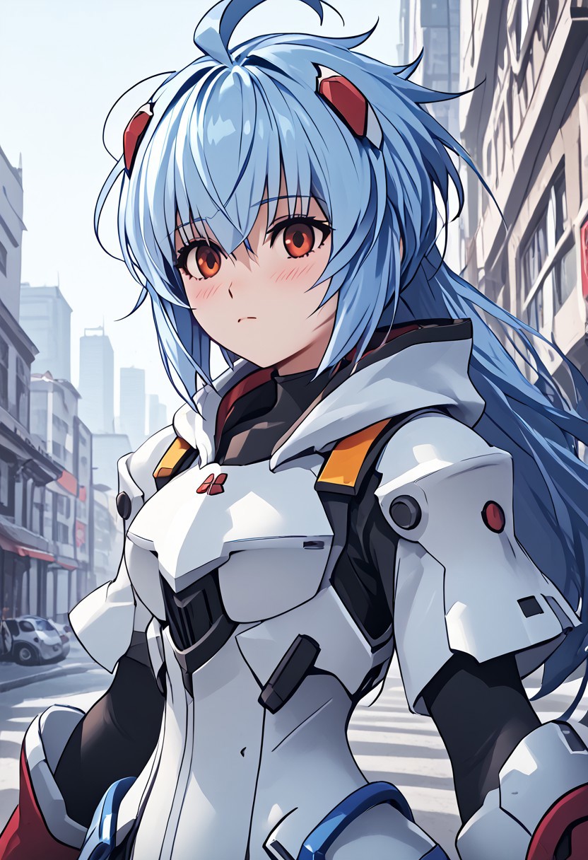 score_4,score_5,score_6,score_7_up,score_8_up,score_9 ((masterpiece,best quality,ultra detailed,highres,HD,4k:1.2)), 
Azure Striker Gunvolt(Main)
1girl, solo,solo forcus,girl forcus,((upper body)),((eye highlight)),
 ayanami_rei,rei ayanami, blue hair, ((long hair, Messy Hair:1.2)), hood, Hood down,armor,gloves,red boots, black pants, outdoor, standing,city,science fiction, blush,