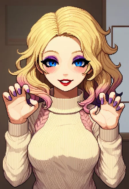 Pixel_Art,
1girl, solo, portrait, smile, makeup, lips, lipstick, teeth, blush, breasts, blonde hair, multicolored hair, gradient hair, short hair, blue eyes, wavy hair, side braid, parted lips, red lips, medium breasts, yellow sweater, pink sweater, nail polish, looking at viewer, fingernails, striped, multicolored nails, hands up, striped sweater, sweater, multicolored clothes, claw pose, purple eyeshadow, eyeshadow, eyelashes, indoors