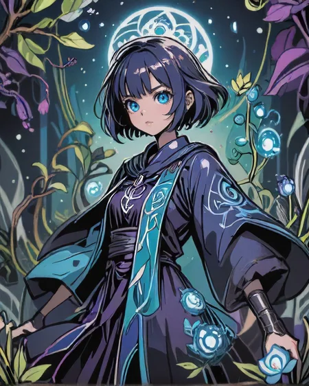 comic style, Confident 1girl, natural colored eyes, Layered bob with choppy bangs hairstyle, dynamic pose, determined expression, <lora:EnvyDramaticPortraitXL02:0.7> , BREAK Style-GravityMagic, solo, half shot, detailed background, detailed face, (occult, dark cultist theme:1.1), biomancer, joyful, floral embroidered blue druid robes, floral accessories, glowing botanical symbols, gracefully manipulating plants, casting spell, floating leaves, floral ritual, , springtime revival, , verdant nature, magical floral storm, sunset, ethereal magical atmosphere,
