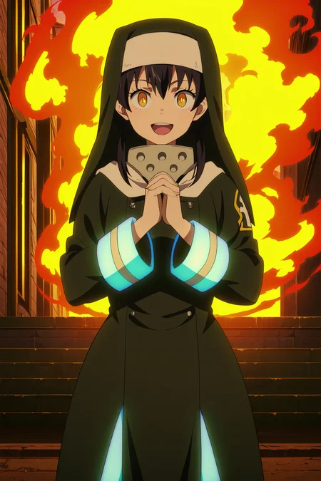 anime screencap, anime coloring, detailed face, masterpiece, best quality, very aesthetic, absurdres, official style, amazing quality, ultra detailed,  highres, amazing quality, scenery, beautiful detailed hair, beautiful detailed eyes,
<lora:StS-Illustrious-Detail-Slider-v1.0:4>
outside, building on fire in the background, girl in the foreground,
<lora:Tamaki_Kotatsu_Fire_Force_-_Illustrious_V2:1>
Tamaki fire force uniform, Tamaki Kotatsu (character), 1girl, solo, habit, smile, nun, glowing, looking at viewer, black hair, long sleeves, own hands together, dress,  neon trim, shadow, brown eyes, :D, robe, large white sclera, orange eyes, yellow eyes, cowboy shot