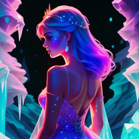 (purple and deep blue lighting and highlights) purple light in a ice cave  The girl's crystalline dress sparkles in the sunlight, reflecting a myriad of colors like a kaleidoscope. The skirt cascades down in layers of shimmering crystals, each one catching the light and casting prismatic rainbows across the ground as she moves. The bodice is adorned with intricate crystal patterns that twist and intertwine like vines, wrapping around her torso in an elegant display of craftsmanship.
Her hair is a waterfall of lustrous silver strands, cascading down her back in gentle waves. Interspersed throughout are delicate crystal beads that glimmer like stars in the night sky, adding a celestial touch to her ethereal appearance. A crystal tiara adorns her head, its facets catching the light and casting tiny rainbows across her face.
Her eyes are a mesmerizing shade of ice blue, the same color as the crystals that make up her dress. They seem to hold a depth of wisdom and knowledge, hinting at a mysterious past obscured by the veil of time. As she walks, she moves with a grace and poise that belies her otherworldly beauty, the crystalline dress whispering softly with each step as if it holds secrets of its own
