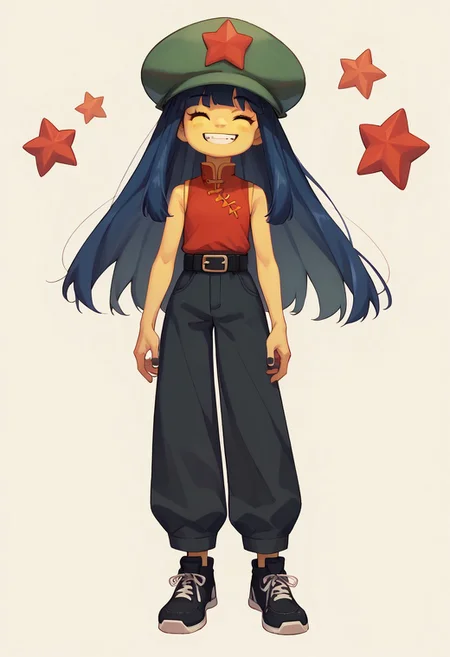 score_9, score_8_up, score_7_up BREAK FangMali, 1girl, dark blue hair, closed eyes, green hat with red star, sleeveless chinese shirt, black belt, black pants, black shoes, full body, smiling at viewer,
