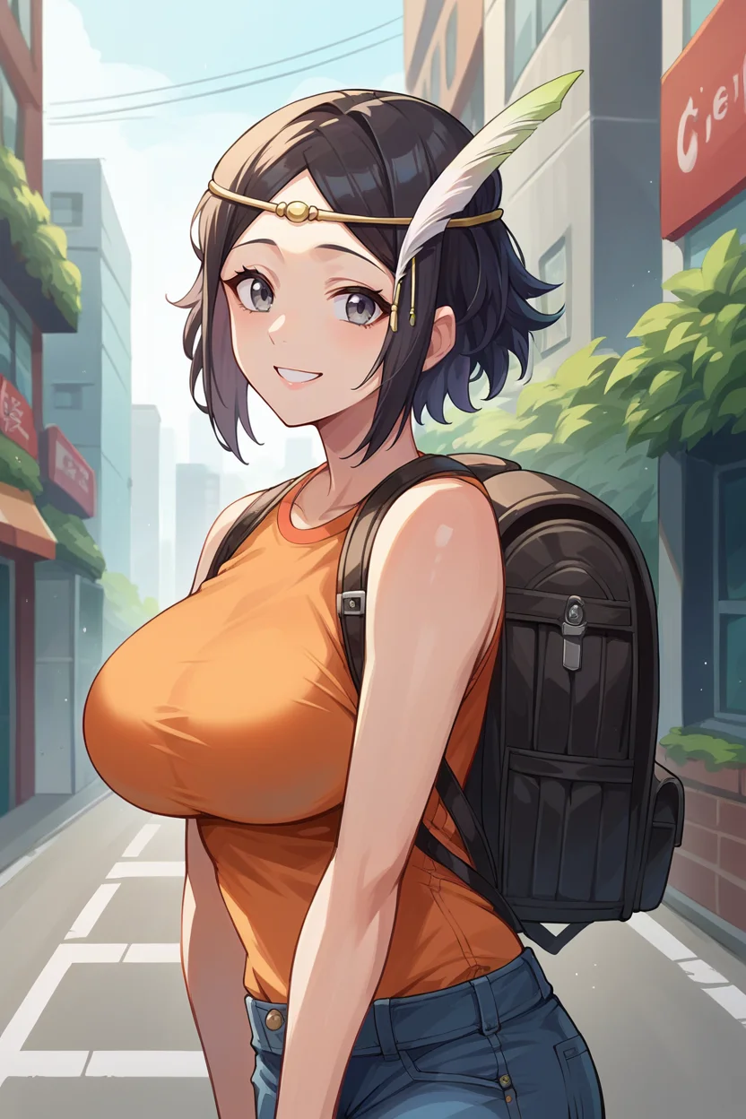 score_9, score_8_up, score_7_up, score_6_up, source_anime BREAK 1girl, solo <lora:fenoire-pdxl-nvwls-v1-000005:0.9> feNoire, black hair, grey eyes, circlet, feather hair ornament, big breasts, orange t-shirt, jeans, backpack, city, street, looking at you, smile