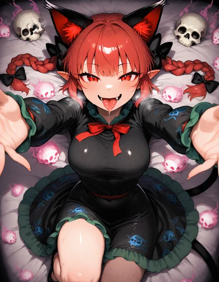 munakata_(sekimizu_kazuki), hamada_yoshikazu,negative space, cinematic shot, masterpiece, highres, absurdres, newest,  wide shot, ,slimes_skullwm,made of skulls,kaenbyou_rin, touhou, 1girl, pink_hair, red_eyes, solo,animal_ears ,black_bow, black_dress , braid,breasts, cat_ears , dress,extra_ears, fang ,frilled_dress ,frills, hair_bow ,large_breasts ,long_eyelashes  ,long_sleeves ,looking_at_viewer ,multiple_hair_bows, pointy_ears ,red_bow , red_hair, slit_pupils, smil,tight_clothes ,tight_dress, twin_braids ,fang, crazy_eyes ,seductive smile, steaming body, in heat, sweaty, tongue, tongue_out , saliva,saliva_trail ,saliva_drip ,open mouth, surround by skull, feet, incoming_kiss, looking_at_viewer , outstretched_arms ,pov, saliva,saliva_trail ,saliva_drip ,open mouth,tongue,tongue out, on back, leg up,
<lora:SlimesSkullWM:1> <lora:ponyv5_noobE11_1_adamW:0.7> <lora:illustrious_noobai_epsilon_pred_11_very_aesthetic_v1:0.7> , <lora:kaenbyou_rin_image6792_2023-12-20:0.6>