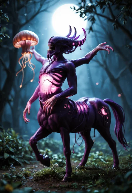 <lora:bane_v1:1> bane_v1,
1boy, pokemon (creature), alien, monster, centaur,
teeth, sharp teeth,
purple skin, colored skin,
claws, extra arms, four arms,
no eyes,
purple horns,
glowing ,
horror \(theme\),, score_9, score_8_up, score_7_up, score_6_up, derpibooru_p_95,
detailed eyes, beautiful, detailed background, perfect eyes,
blur censor, blurry, blurry background, blurry foreground, bokeh, motion blur,
chromatic aberration, depth of field, figure, focused, focus
photography, realistic sun light and shadows, photorealism, UHD --ar 9:16 --style raw --stylize 700,
solo,
exciting background with glowing flowers and a crescent moon, opalescence, fantastical Crystal, glowing, Waterdrop, jellyfish, Framed by plants, in the style of art nouveau, magical glow, internal glow, magic, fantasy, glowing, colorful,