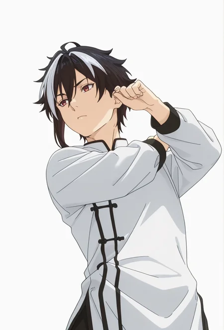 Smooth Quality,masterpiece,very intricate, high quality details, ultra realistic, high detailed skin,detailed enviorement,absurdres,
simple background, white background,solo,
from below,dancing,
thinking,
<lora:FoodWCNN:0.8> foodwarstylecnn,
terunoricnn, 1boy, multicolored hair, red eyes, chinese clothes, white shirt