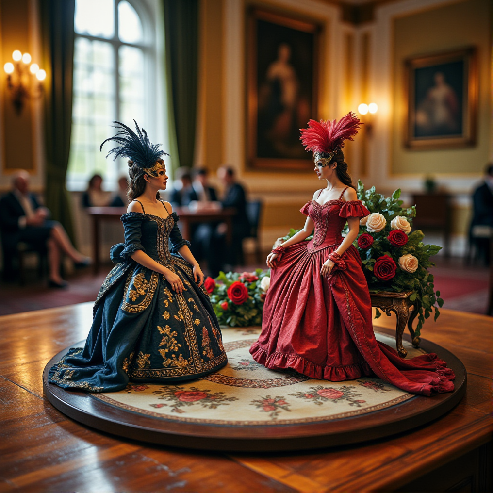 Miniature diorama of a masquerade ball next to a bouquet of roses, detailed digital illustration of a masquerade ball held in a palace, 19th century, colorful dresses, masks, well-dressed women, glamorous, lascivious and somewhat decadent atmosphere, <lora:Flux.1_Turbo_Detailer:0.7>, <lora:Diorama_Flux:0.8>