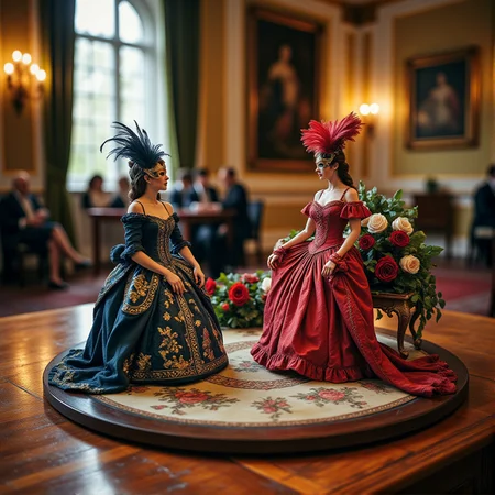Miniature diorama of a masquerade ball next to a bouquet of roses, detailed digital illustration of a masquerade ball held in a palace, 19th century, colorful dresses, masks, well-dressed women, glamorous, lascivious and somewhat decadent atmosphere, <lora:Flux.1_Turbo_Detailer:0.7>, <lora:Diorama_Flux:0.8>