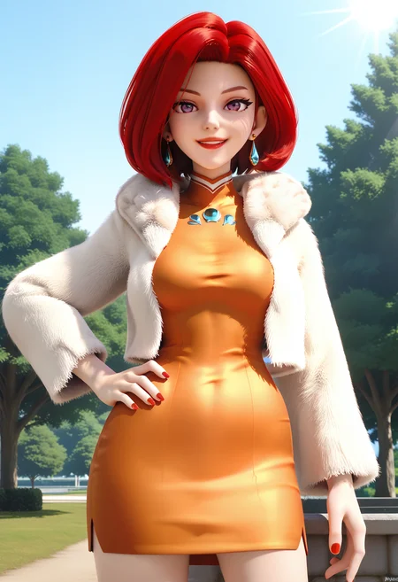 score_9, score_8_up, score_7_up, 3d, <lora:MBHongBi_epoch_10:0.9>, MBHongBi, 1girl, red hair, short hair, purple eyes, earrings, lipstick, breasts, red nails,
white fur jacket, orange short dress,
cowboy shot, hand on own hip, looking at viewer, smile,
BREAK outdoors, sunlight, sunbeam, day, blue sky, park, tree,
