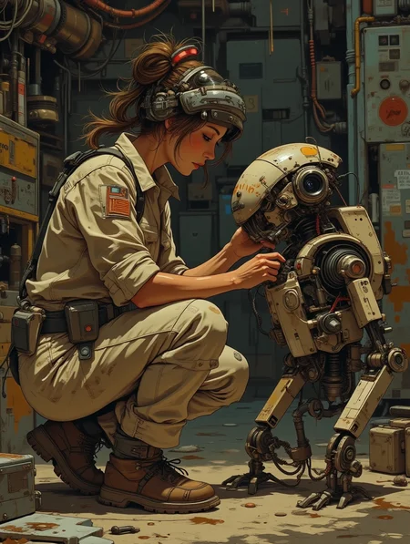 A teenage mechanic repairing a damaged astromech droid inside a dimly lit rebel hangar. She kneels beside the droid, adjusting its circuits with a diagnostic tool. Her outfit is a form-fitting jumpsuit with rolled-up sleeves, emphasizing functionality and ease of movement. The artwork employs rough, painterly brushstrokes to create a gritty, industrial aesthetic, with streaks of oil and scattered tools adding to the lived-in feel. Warm overhead lights cast dramatic shadows across her face and arms, highlighting her focused expression and toned physique, while keeping the composition balanced and centered on her actions., <lora:ck-nc-cyberpunk-V2-000013:0.7>
