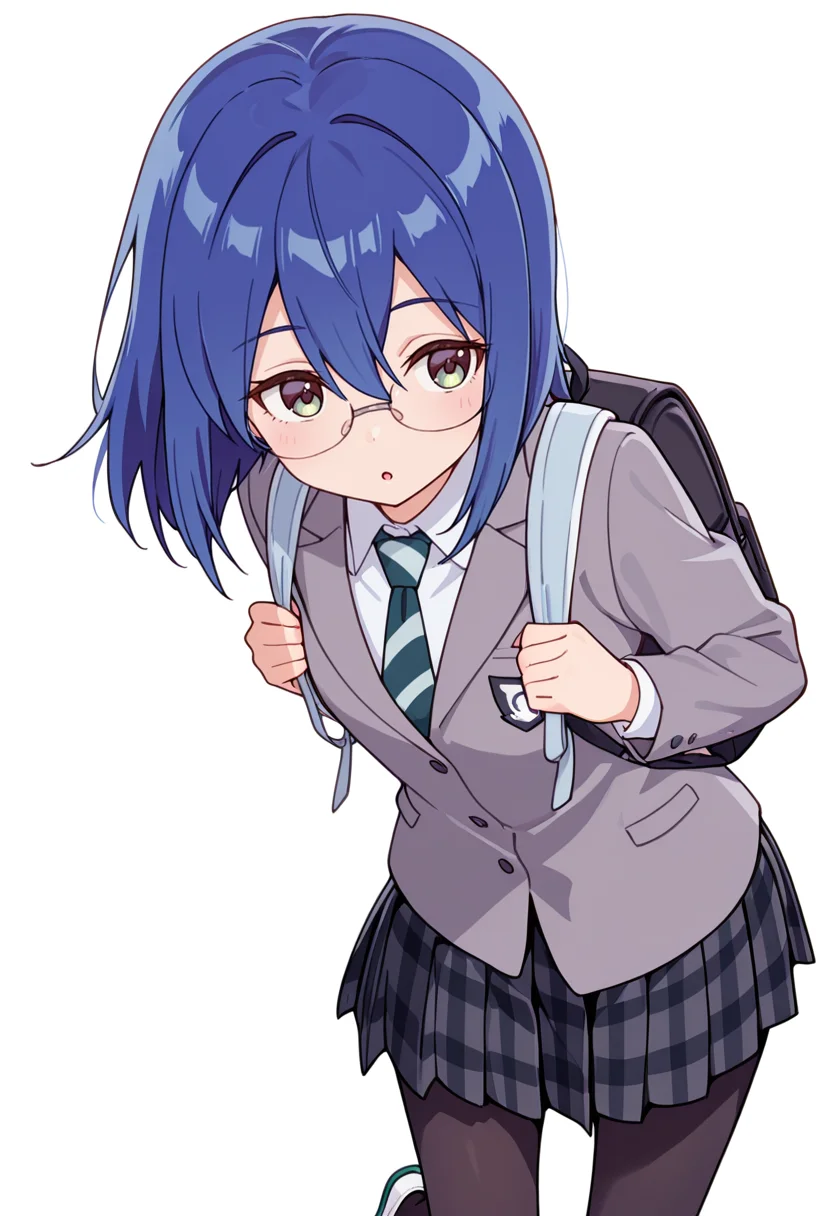 masterpiece,high quality details,absurdres,
<lora:Mamiya_Kanoko:0.8>
kanoko_cnr, 1girl, blue hair,medium hair,hair between eyes,
kanoko_s2,collared shirt, grey jacket, striped necktie,plaid skirt, pleated skirt,black pantyhose,glasses, backpack, uwabaki,, simple background, white background, front view,solo,, :o,