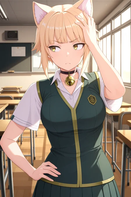 1girl, KuraishiTanpopoWitchCraftWorks,
general, solo, pov dating, straight-on, upper body,
animal_ears, yellow eyes, short hair, blonde hair, breast,
choker, neck bell, collared shirt, open collar, green vest, pleated skirt,
looking away, \:\<, hand on own head, hand on own hip,
classroom,
<lora:kp_KuraishiTanpopoWitchCraftWorksIllustrious_v1_0:1.0>,
masterpiece, best quality, amazing quality