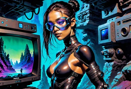Sci-fi painting, masterpiece by frank frazetta, dark vaporwave color palette, background of tv static and Mayan ruins, artful painting of a gorgeous queer cyberpunk group, masculine, feminine, chubby, androgynous, small tits, Black and Asian facial features with a confident smirk, very short dreads sticking up, sleek black fitted t-shirt, black techwear jacket, black techwear pants, big transparent goggles, with a futuristic computer terminal made of smooth black glass hanging from a shoulder strap