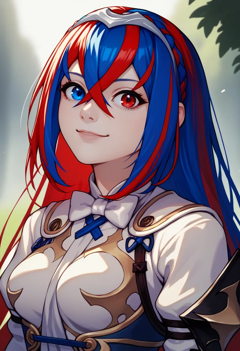 score_9, score_8_up, score_8_up, source_anime BREAK 1girl, solo, <lora:alear-fe-richy-v1_pdxl:1> aleardef, heterochromia, blue eyes, red eyes, multicolored hair, red hair, blue hair, braid, crossed bangs, very long hair, tiara, bowtie, armor, suspenders, breasts, smile, outdoors, fantasy, looking at viewer, realistic, close-up