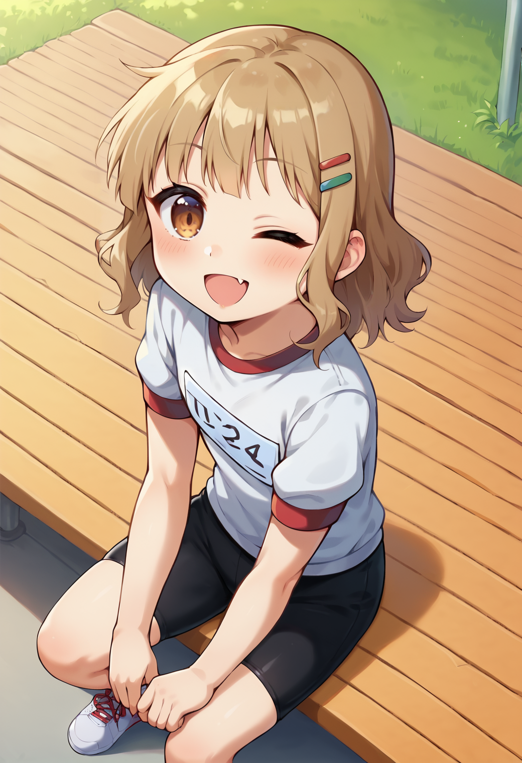 score_9, score_7_up, hd, (ultra hd quality details), source_anime, outdoors,
solo, 1girl, oosaku, hairclip, fang,
gym uniform, gym shirt name tag, bike shorts, sneakers,
blush, smile, one eye closed, open mouth,  looking at viewer, 
sitting, from above,
 <lora:_sakurako_oomuro-elesico-pony-e07:0.8>