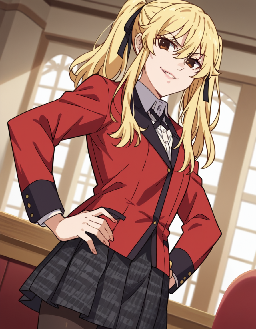 score_9, score_8_up, score_7_up, source_anime, <lora:mary-saotome-s2-ponyxl-lora-nochekaiser:1>, mary saotome, long hair, blonde hair, hair between eyes, twintails, brown eyes, hair ribbon,, skirt, shirt, school uniform, jacket, white shirt, pantyhose, pleated skirt, collared shirt, black pantyhose, blazer, red jacket,, indoors, smug, smile, looking at viewer, solo, hands on hips,, cowboy shot, dutch angle