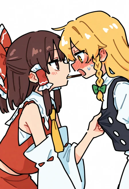masterpiece, best quality, good quality, very awa, oekakischizo,
touhou, hakurei reimu, kirisame marisa, 2girls, ascot, black vest, blonde hair, blush, bow, brown hair, clothes grab, collared shirt, detached sleeves, eye contact, food, food in mouth, frilled bow, frilled hair tubes, frills, green ribbon, hair bow, hair tubes, long hair, looking at another, multiple girls, neck ribbon, no headwear, open mouth, pocky, pocky in mouth, puffy short sleeves, puffy sleeves, red bow, red skirt, ribbon, shirt, short sleeves, skirt, skirt set, vest, white shirt, yellow ascot, yellow eyes, yuri, embarrassed,
<lora:ai_styles_collection_noob_eps-1.1_v3.1:1>
