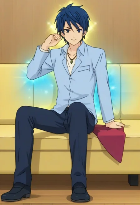 ((masterpiece)), ((best quality)), ((ultra-detailed)), ((absurdres)), score_9_up, score_8_up, score_7_up,
HD, top quality, best quality, amazing quality, High-quality illustrations, anime screencap, source_anime, best aesthetic, perfect proportions, perfect eyes, 1boy, 1male, male anime character, anime boy, solo male, male focus, handsome, attractive, cute, sexy, ((slim body, thin body, slender body)), ((tall, tall body, tall height)), looking at viewer, full body shot, head to feet shot, Makoto Teruhashi, blue hair, blue eyes, long sleeve light blue shirt, ((no blazer, shirt only)), necklace, slim black pants, formal black shoes, smiling, happy, yellow glow aura, ((sofa couch)), ((sitting position)), ((sitting on a sofa couch)), ((semi side view))