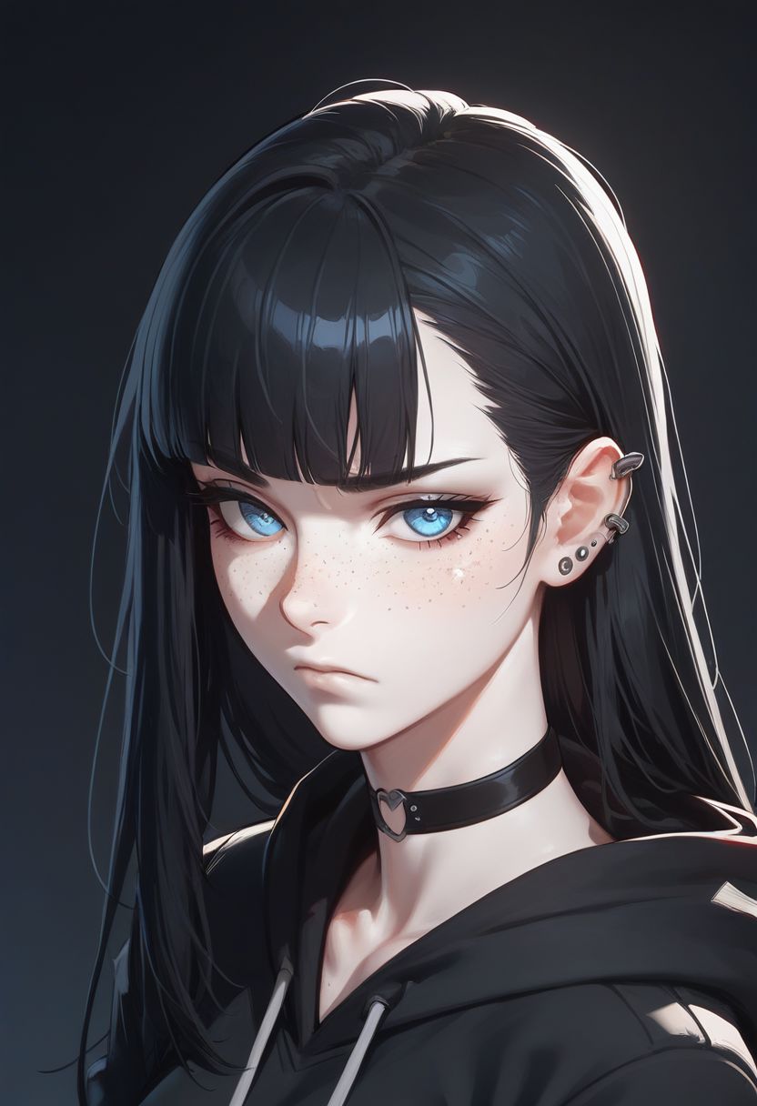 score_9, score_8_up, score_7_up, 1girl, solo, pale skin, black hair, long hair, straight smooth hair, blue eyes, blunt bangs, black hoodie, freckles, choker, long sleeves, slight frown, ear piercings, closed mouth, looking at viewer, from side, dark background, upper body, 8k detail, Expressiveh,