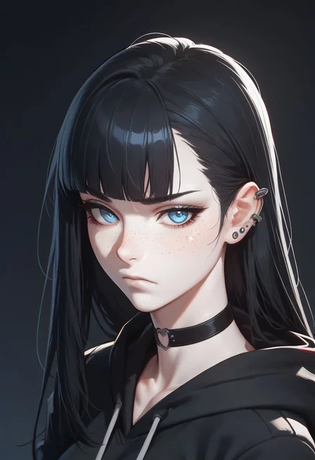 score_9, score_8_up, score_7_up, 1girl, solo, pale skin, black hair, long hair, straight smooth hair, blue eyes, blunt bangs, black hoodie, freckles, choker, long sleeves, slight frown, ear piercings, closed mouth, looking at viewer, from side, dark background, upper body, 8k detail, Expressiveh,