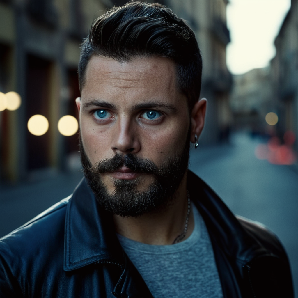 cinematic film still of <lora:detailed:0.2> 
<lora:perfection style:0.2>
<lora:Ron Fricke style:0.2>
 <lora:Gomorra - La serie style:1>
Set in Naples in the 2010s a man with a beard and a tattoo on his face,solo,blue eyes,brown hair,1boy,male focus,facial hair,black background,portrait,beard,zipper,realistic,mustache , cinematic, kodak, Gomorra - La serie, shallow depth of field, vignette, highly detailed, high budget, bokeh, cinemascope, moody, epic, gorgeous, film grain, grainy