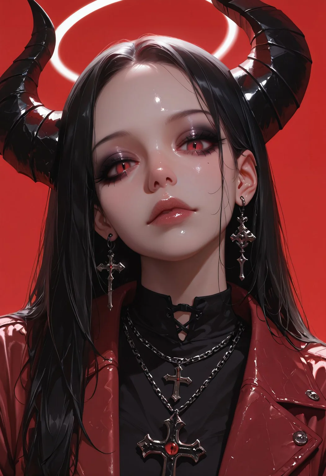 masterpiece, best quality, very aesthetic, absurdres, newest, depth of field,realistic, goth girl <lora:gothic_niji_style_ilxl_goofy:0.8>
1girl, red background, halo, demon horns, head tilt, lips, jewelry, earrings, cross necklace, red jacket, upper body, looking at viewer, makeup, nose, simple background, forehead