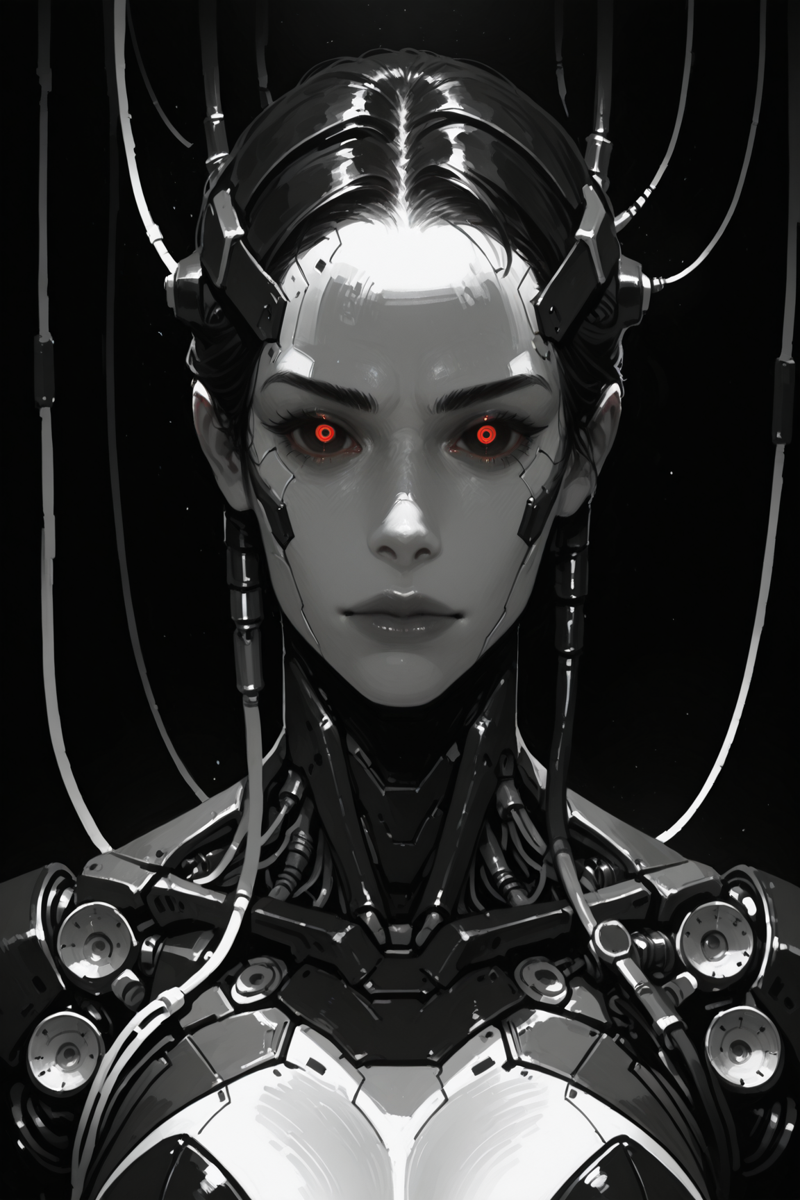 masterpiece, best quality, good quality, very aesthetic, absurdres, newest, 8K, depth of field, focused subject, ghost in the shell aesthetic, monochrome, black and white, line art, sketch style, technical drawing, closeup shot, 1girl, cyborg, gynoid, face focus, segmented face with panel lines, dark vacant eyes, intricate wiring and cables extending upwards from head and neck, exposed mechanical components above cranium, cyberpunk, high contrast black and white background, clinical atmosphere., <lora:Detailer_NoobAI_Incrs_v1:0.75>, masterwork, masterpiece, best quality, dynamic lighting , dynamic pose,,  dynamic angle, , ,  (lineless:1.2), detailed, depth of field, dynamic lighting, blurry, (cheekbones:0.85), (realistic:1.2)
adult, aged up,, ultra-HD, cinematic lighting, photorealistic, (impressionism:1.5), high detail  ,masterpiece, best quality, very aesthetic, 8k,