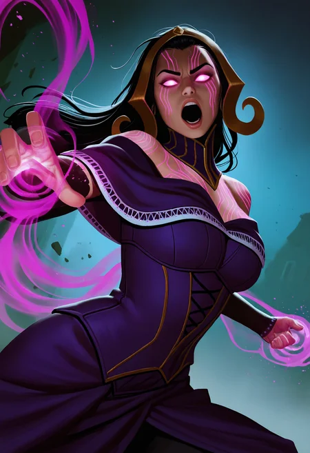 safe, masterpiece, very aesthetic, 1girl, liliana vess, mature female, markings, face markings, glowing markings, glowing eyes, open mouth, purple magic, purple dress, action shot, dramatic lighting
<lora:LilianaVess-MTG_NAIXL_v10:1>