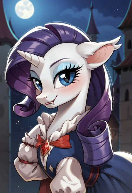 score_9, score_8_up, score_7_up, score_6_up, score_5_up, score_4_up, my little pony, solo, pony, feral pony, bat pony, fangs, night, moon, rarity, vampire, coat, blouse, dress, castlevania, castle room, smile, happy, blushing, look at you, beautiful, detailed, (detailed cute pony face), detailed fur, beautiful, vector, flat colors, (beautiful long eyelashes), ((close-up)), high angle