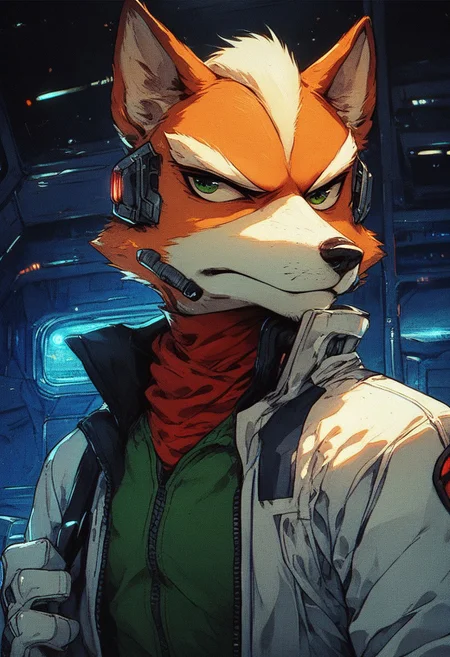 score_9, score_8, score_7, score_6, 1boy, solo, knva, halftone effect, science fiction, Fox mccloud, anthro furry, furry male, spaceship, dynamic pose, aggressive pose, intense facial expression, ((white gloves)), upper body