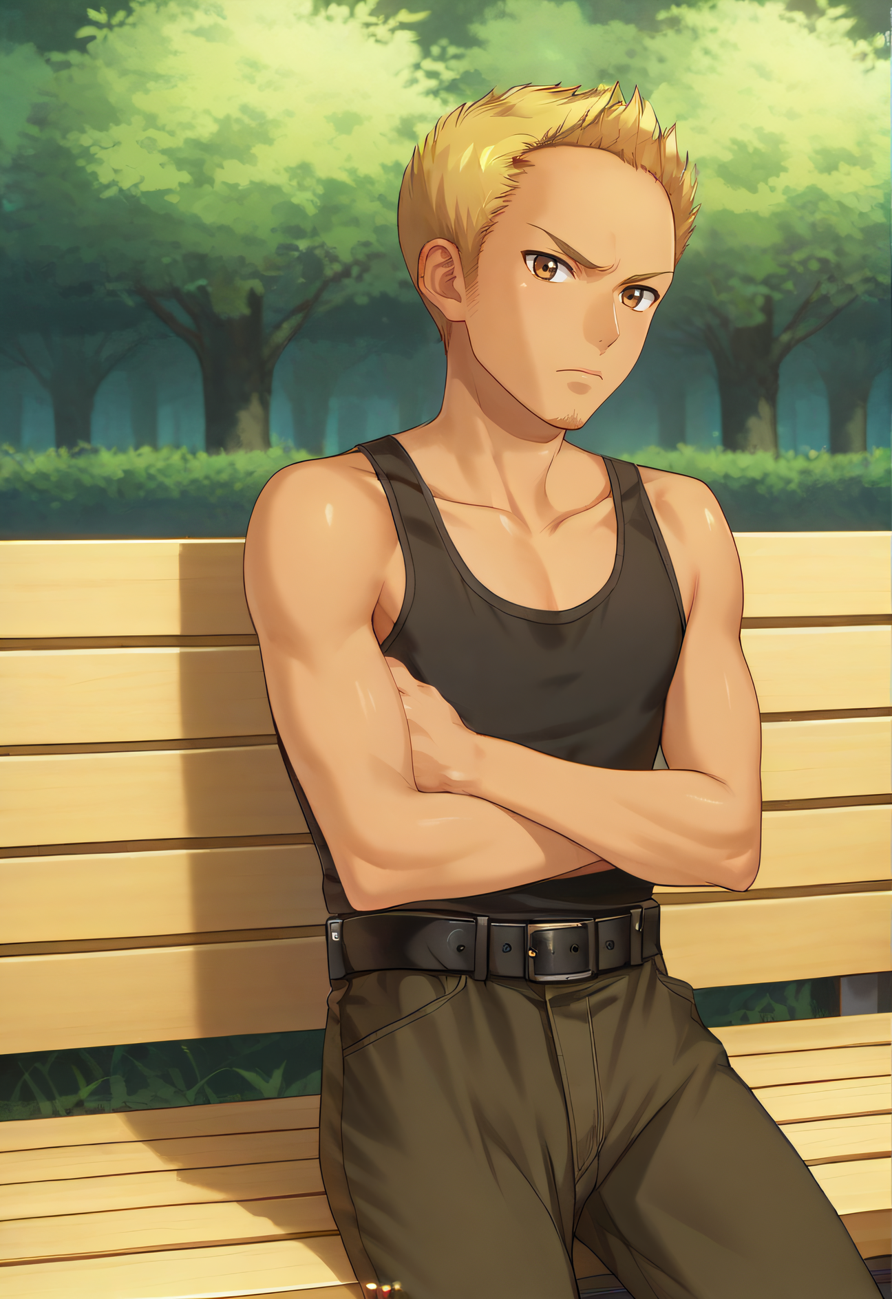 score_9, score_8_up, score_7_up, source_anime, rating_safe, intricate details, official style, anime coloring, 1boy, solo, male focus, <lora:Takeo:1>, takeo, blonde hair, dark brown eyes, tan, black tank top, dark pants, black belt, looking at viewer, outdoor, cowboy shot, sitting on bench, frown, crossed arms