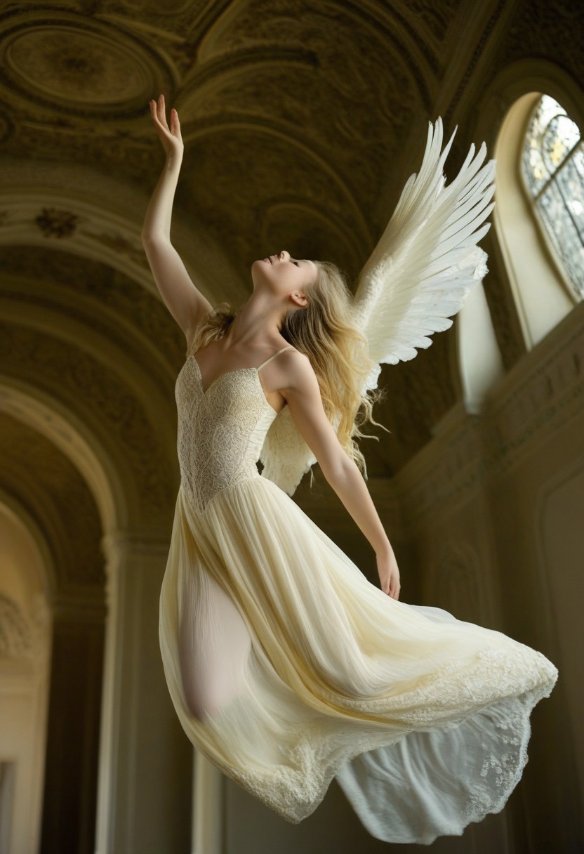 The image is a highly detailed, hyper-realistic photograph capturing a dramatic, ethereal scene. A young woman with fair, long blonde hair is suspended in mid-air, as if she is floating or dancing. She is adorned in a flowing, cream-colored, lace gown with intricate, delicate detailing, giving it a slightly ethereal quality. The dress's texture resembles a combination of satin and lace, with layers that flutter and billow as if caught in a gentle breeze. Her wings, large and white with a soft sheen, are fully extended, adding to the angelic impression.
Her skin is porcelain-white, and she appears to be in a state of graceful movement, with her eyes closed and face tilted upwards, suggesting a moment of peaceful, almost transcendent joy. Her body is elongated and graceful, with one arm outstretched behind her and the other slightly bent in front, adding to the sense of fluid motion.
The background features a grand, ornate room with high ceilings and elaborate architecture, painted in dark blue and gold tones. The walls are adorned with intricate moldings and a large, arched window on the left allows soft, natural light to enter, casting a warm glow over the scene.