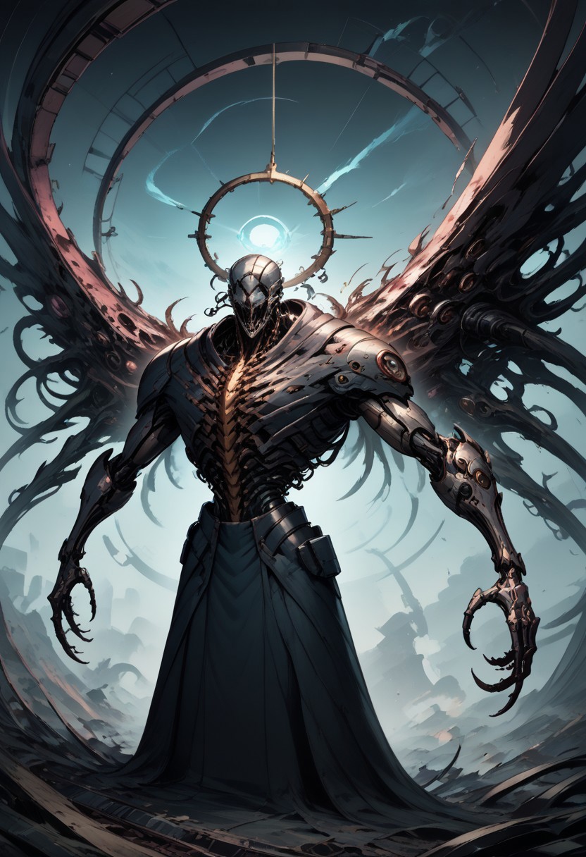 score_9, score_8_up, score_7_up, score_6_up, score_5_up, cyborg, cyberpunk, biomechanical, fleshmutant, cybermutant, science fiction, mechanical parts, A towering celestial entity of biomechanical design, both divine and nightmarish in form. Countless metallic wings, layered like blades of a great machine, extend from its back in a shifting halo of luminous, golden-steel feathers, each one inscribed with ever-changing scripture. A writhing mass of interlocking rings and shifting, eye-covered plates forms its core, spinning in synchronized, unsettling perfection. Every eye glows with an otherworldly radiance, unblinking and omniscient, their gaze piercing through the soul. Tubes and sinewy cables weave through its body, pulsing with strange, ethereal fluids, sustaining its impossible existence between flesh and divine machinery. Its voice is a chorus of overlapping frequencies, both holy and inhuman, resonating with commands that shake reality itself. Beneath its many wings, glimpses of elongated limbs—part organic, part metallic—move with eerie precision, each finger tipped with delicate, needle-like extensions. The presence of the entity is overwhelming, evoking awe and terror, as if reality itself strains to comprehend its form. The backdrop is a sky torn apart by radiant fractal light, where the fabric of existence bends in reverence to its impossible holiness.